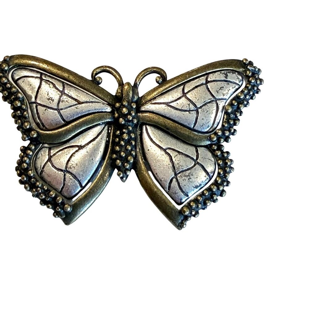 Vintage TC Butterfly Brooch Pin 2" Intricate Detailing Silver Bronze Tones - Picture 3 of 4